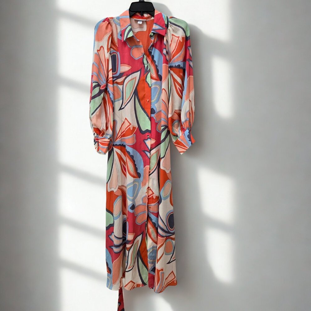 🌸 Alexis Abstract Floral Midi Dress – Bold Print Long Sleeve Size 10